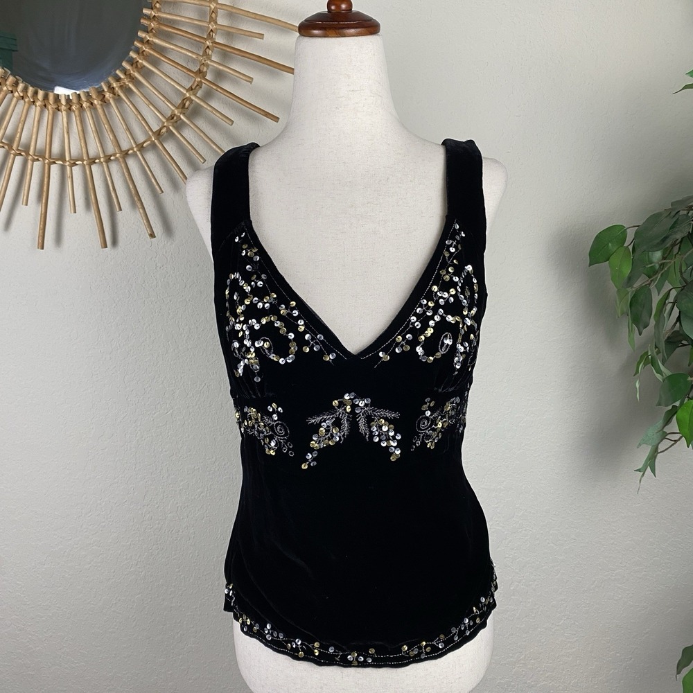 Vintage Size 10 Babydoll Cami Tank Top Velvet Sequin Embroidered Fairy Witchy